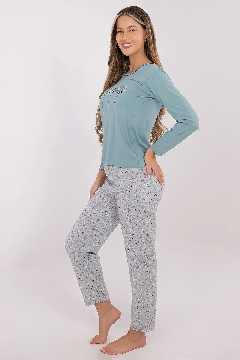 pyjama femme coton doux respirant confortable élégant ensemble haut manches longues fleurs tracé noir pantalon jambes droites cheville micro imprimé