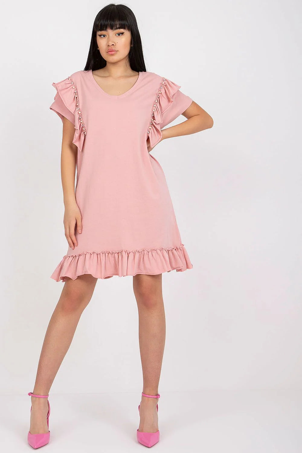 robe estivale corail légère fluide coton viscose col rond coupe droite manches courtes volants perles ourlet volanté féminine chic confortable