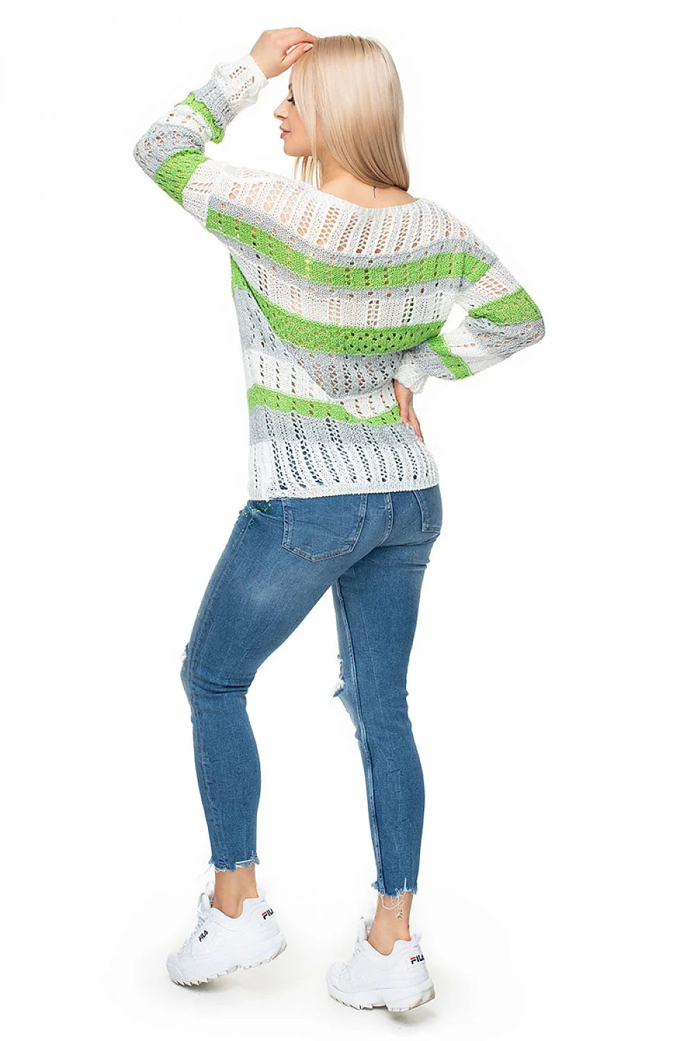 Pullover féminin maille ajourée rayures colorées orange rose jaune manches longues col rond coupe ample maille respirante vêtement mode été printemps