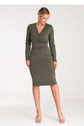 Robe de jour Figl ajustée vert olive manches longues encolure V croisée maille tricotée élasthanne viscose femme
