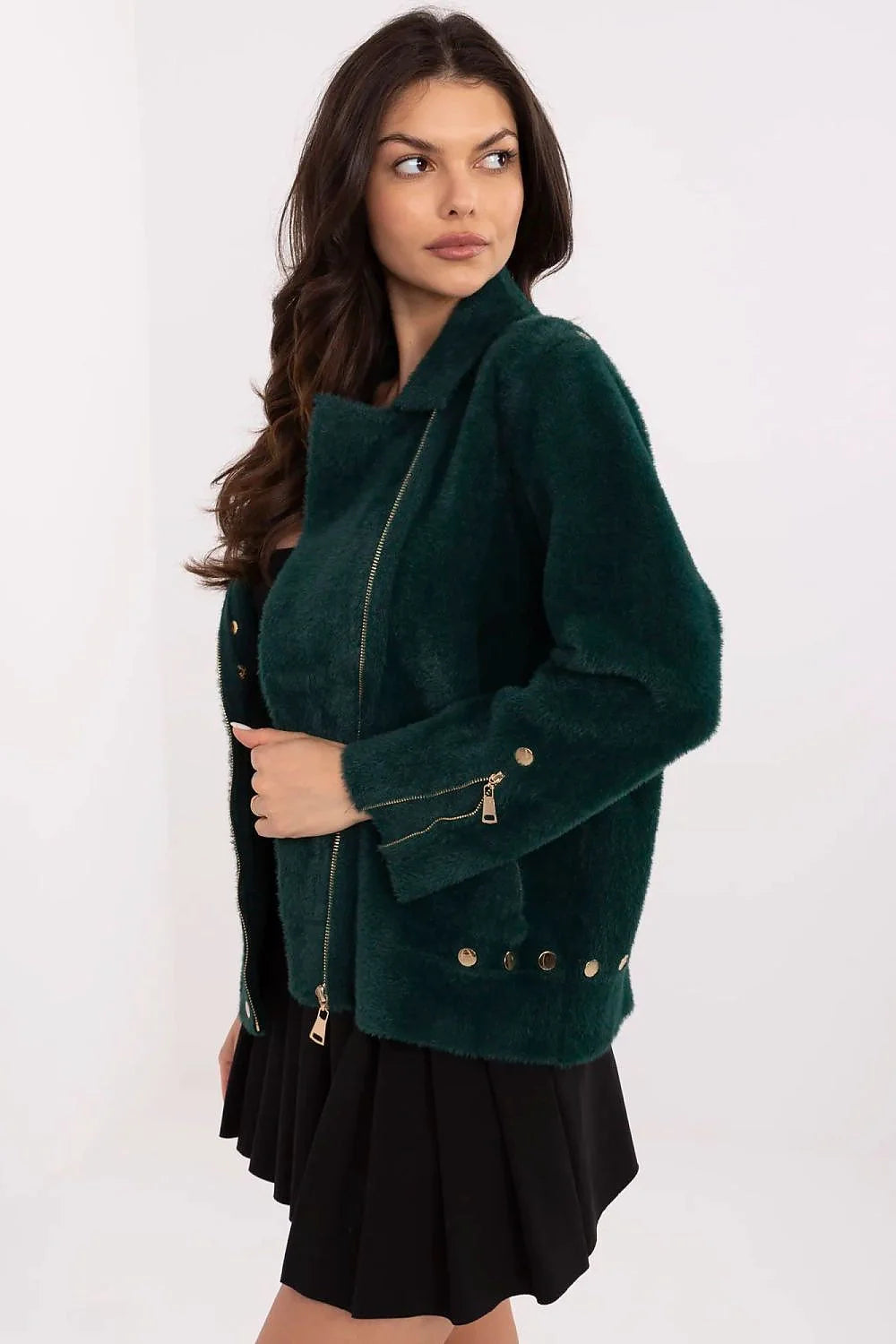 Veste élégante pour femme en laine mixte coupe droite col asymétrique vert foncé finitions dorées manches longues fermeture éclair poignet ajustable