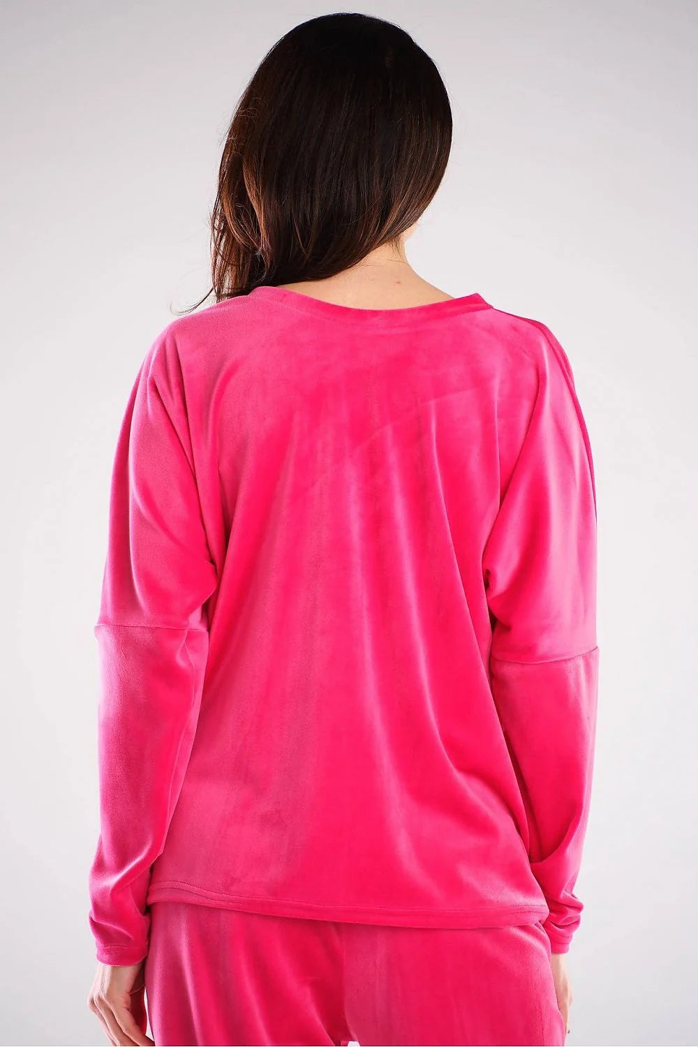 Sweatshirt femme en velours rose vif col V confortable manches longues style décontracté moderne