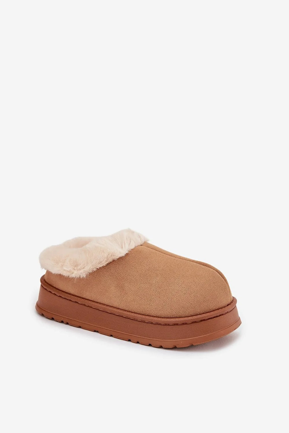 pantoufles femme suédine camel fourrure crème doublure chaude semelle plateforme 3cm crantée antidérapante intérieure rembourrée légère confortable cosy cadeau quotidien