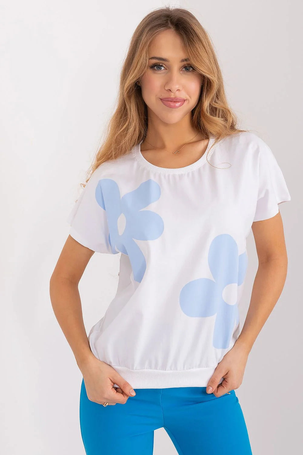 Chemisier Rue Paris design moderne floral imprimé coton blanc bleu manches courtes encolure ronde
