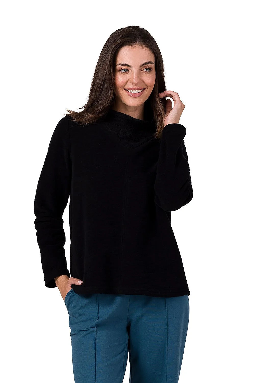Sweatshirt femme col roulé maille structurée confort style casual élégant coupe ample matière douce extensible manches longues ourlet droit polyvalent mode