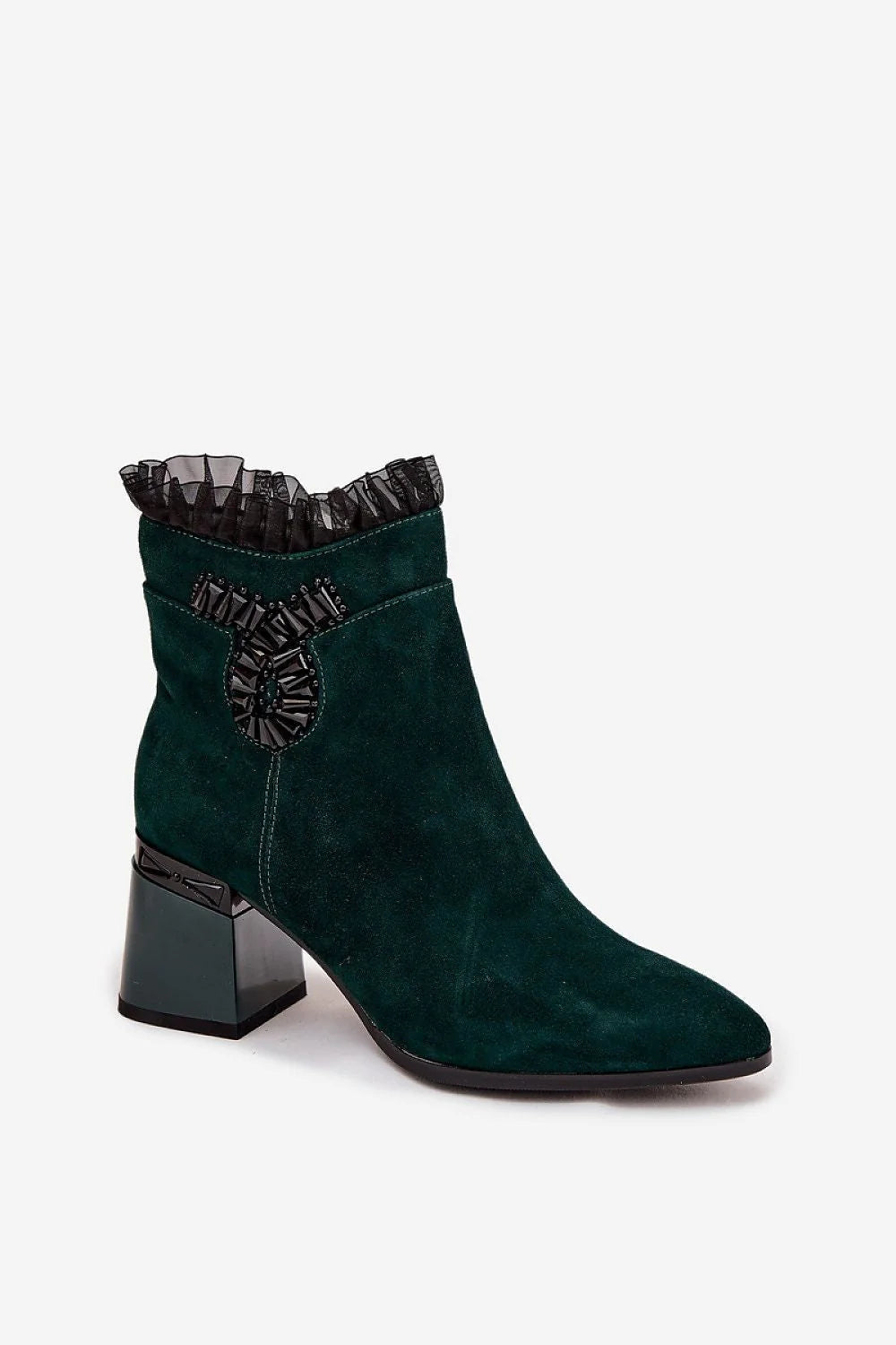 bottines femme suède vert émeraude doublées fermeture éclair latérale talon bloc verni bout pointu volant plissé fronces décoratives