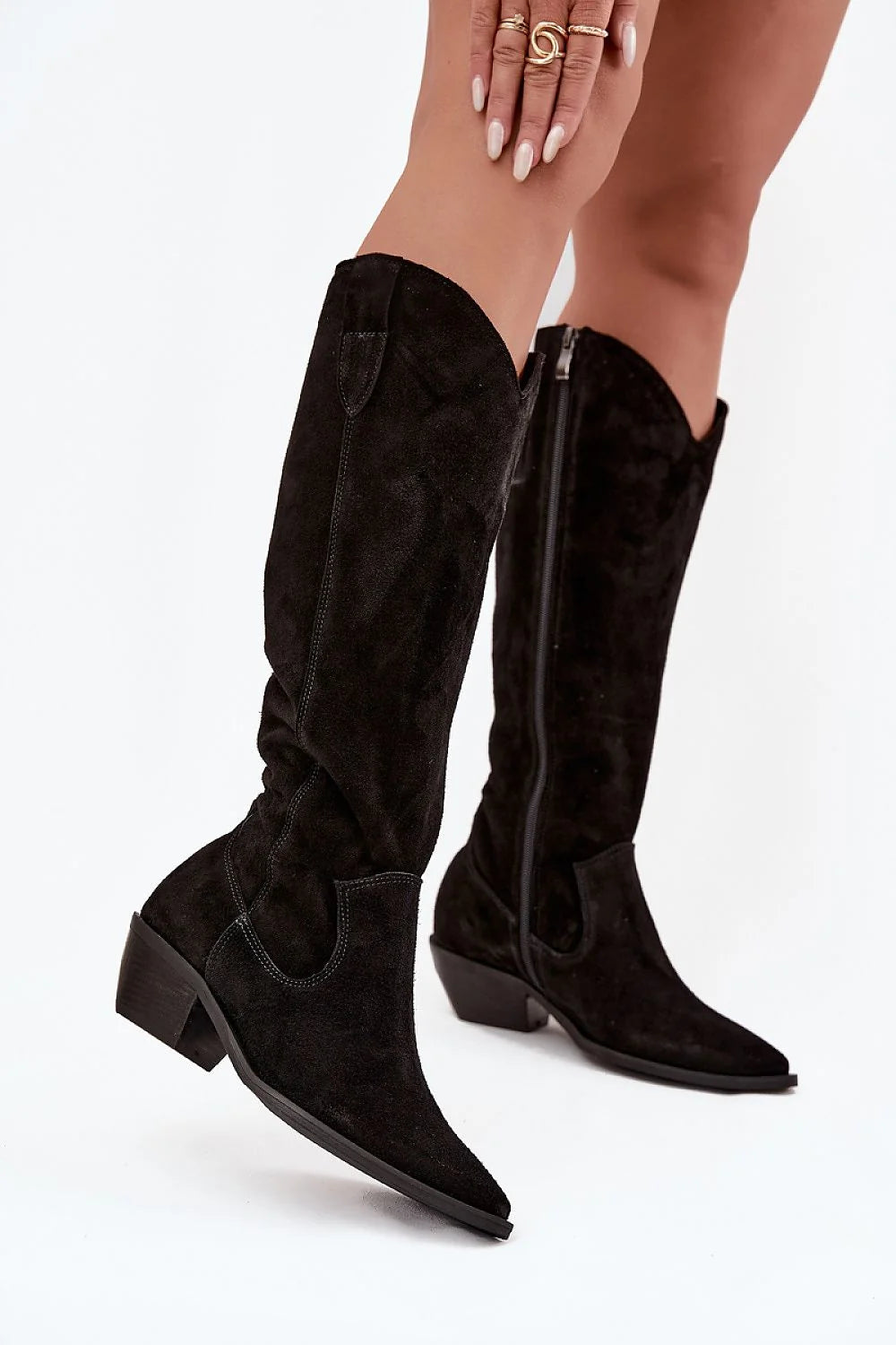 bottes femme western suède noir bout pointu talon cubain bas hauteur genou doublure feutre chaude confortable semelle stable