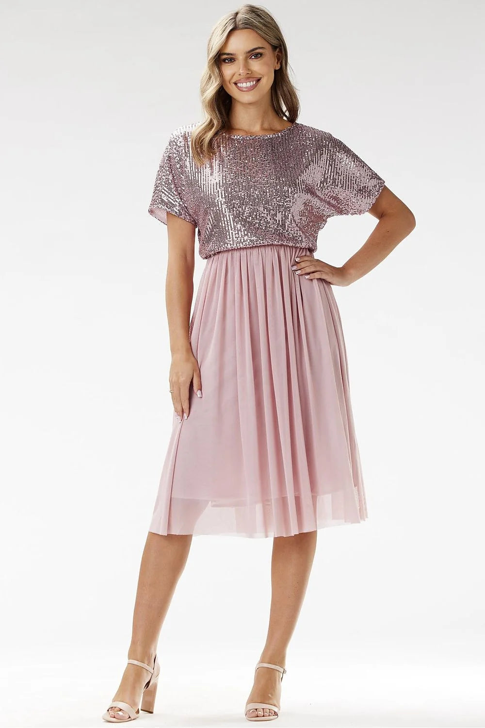 Awama robe soirée mi longue paillettes tulle col rond manches courtes taille cintrée jupe évasée plissée doublée femme