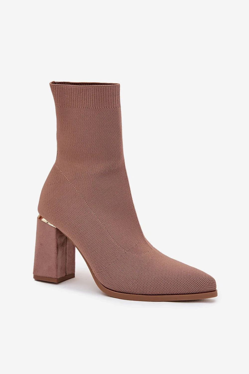 bottines chaussette femme maille extensible taupe mi mollet talon pilier suédé insert doré bout pointu semelle antidérapante confort