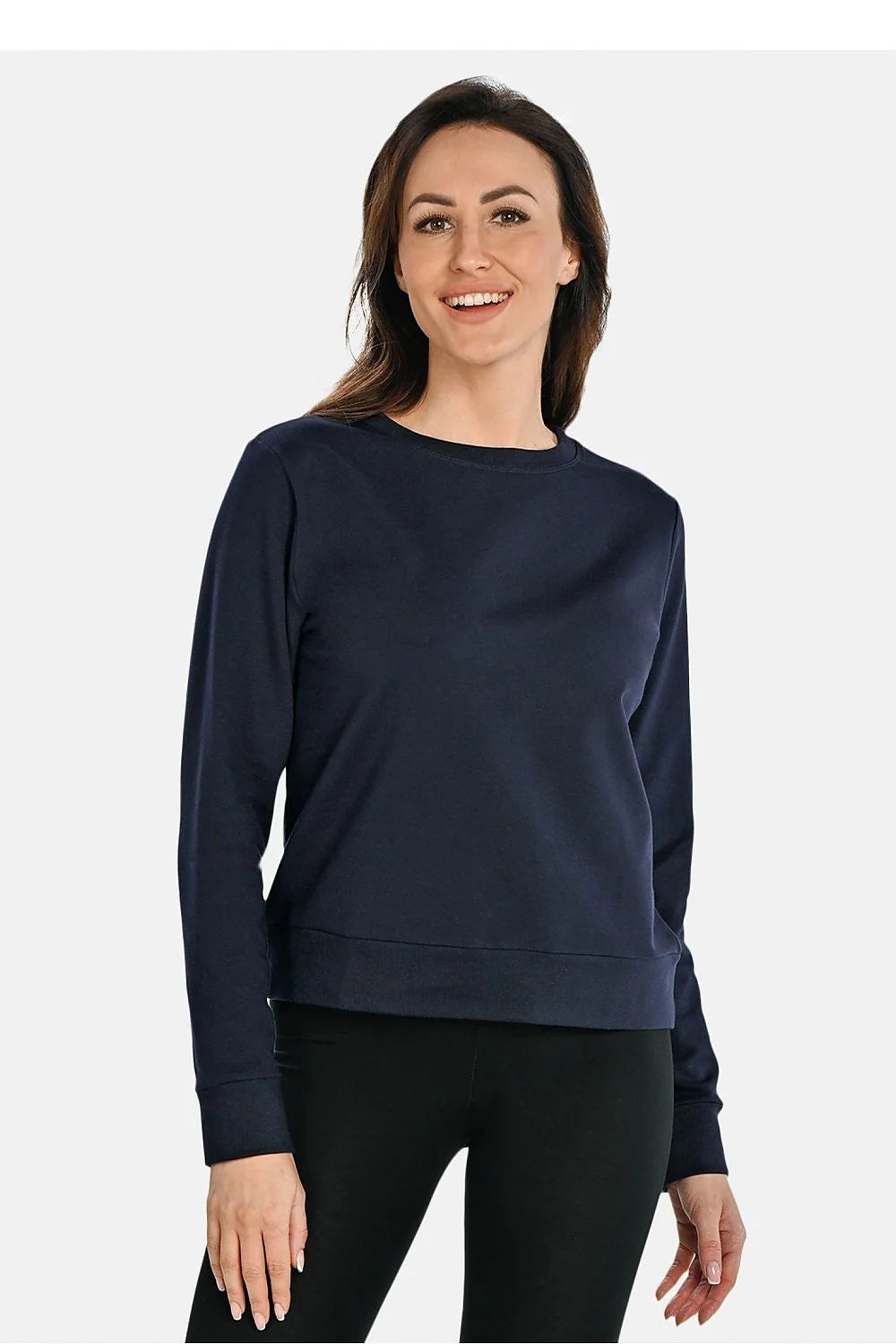 Sweatshirt Teyli pour femme, style moderne, coupe droite, manches longues, col rond, couleur bleu marine, matériau coton-polyester, confort et élégance