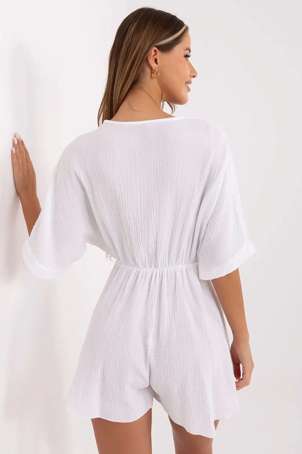 Robe estivale décontractée pour femme en coton gaufré blanc court manches mi-longues encolure V portefeuille sans fermeture