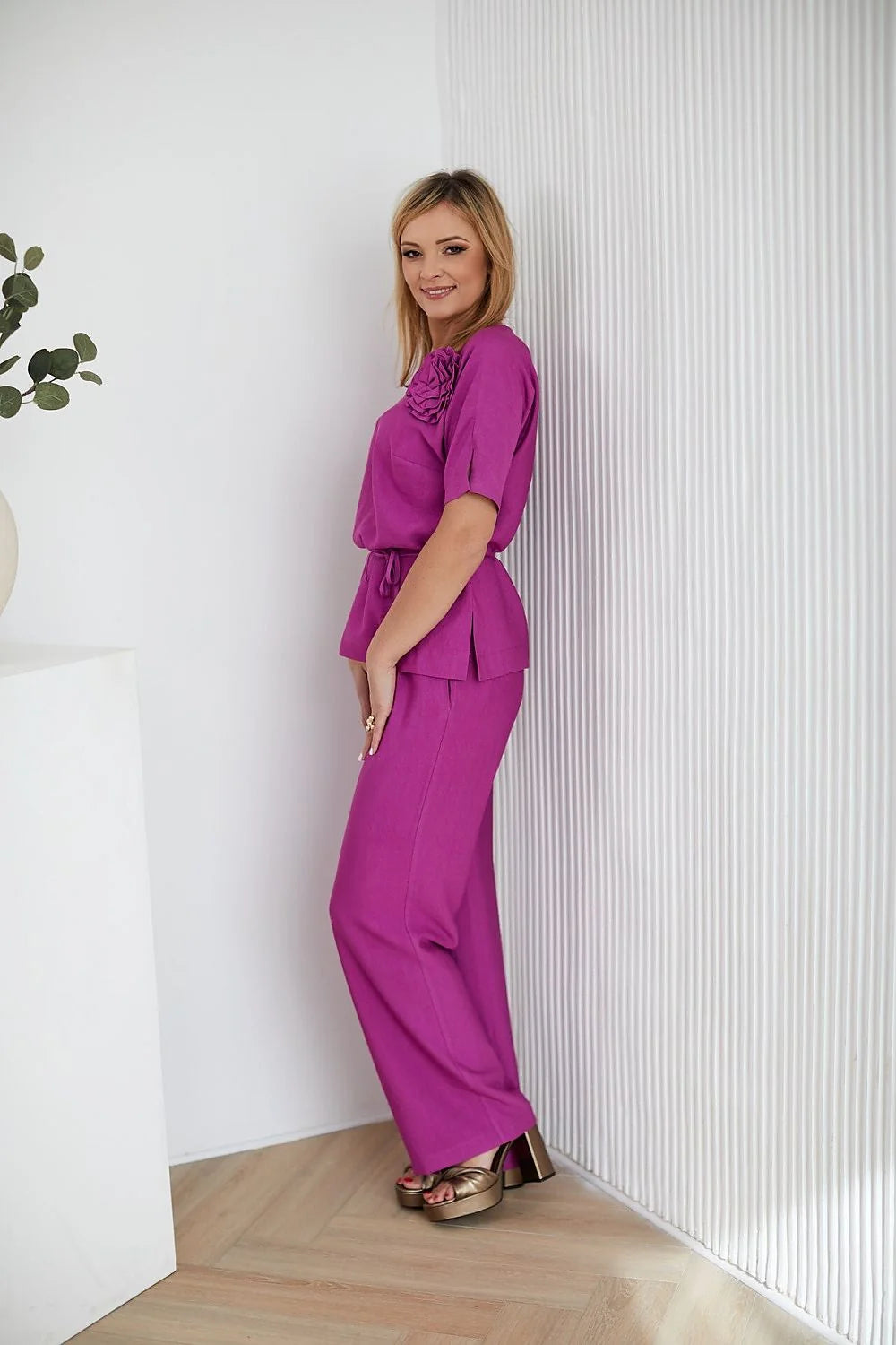 Ensemble La Aurora pour femmes, robe et pantalon magenta, tissu naturel, occasion festive, printemps été