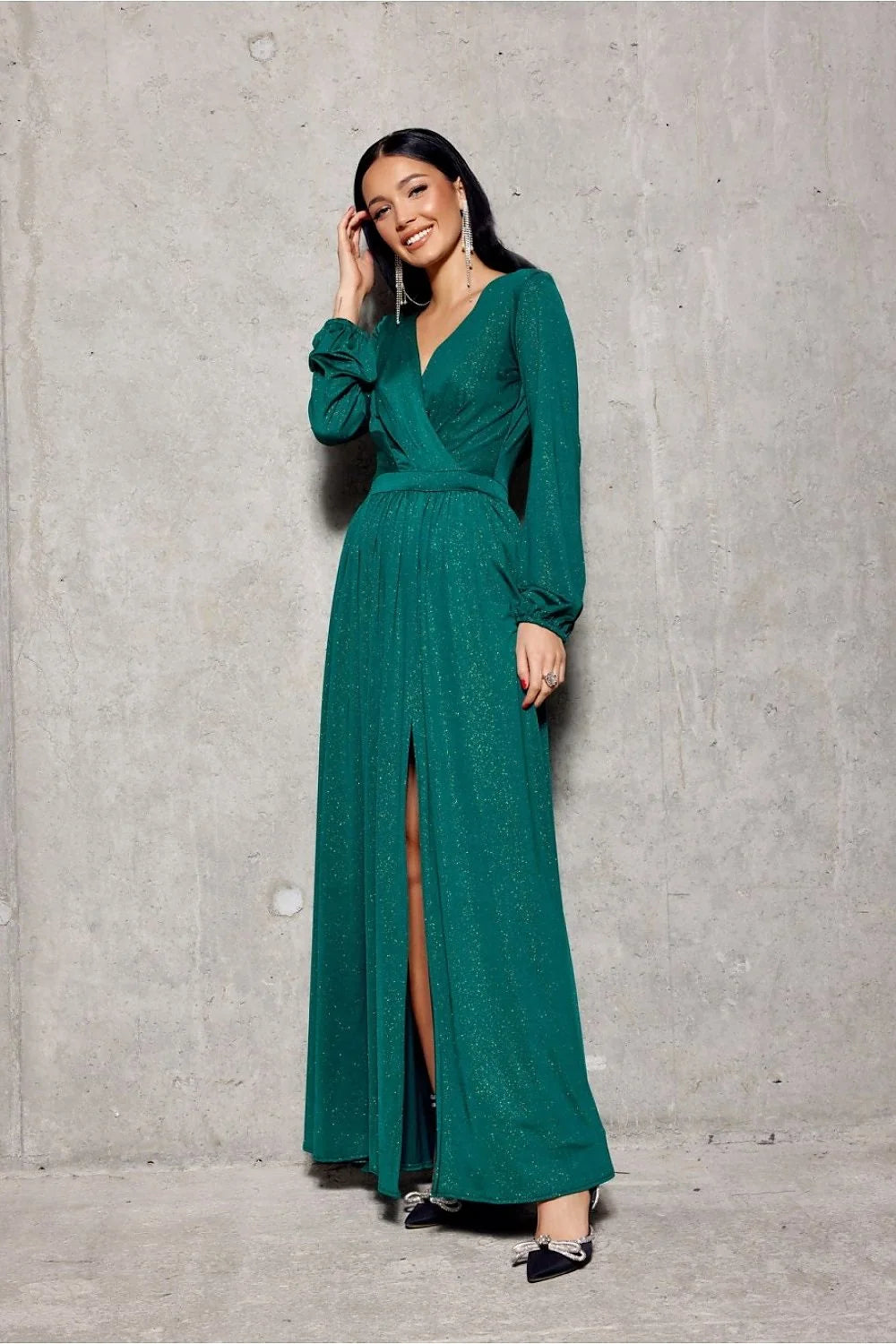 Robe longue élégante en vert émeraude pour femme, manches longues, décolleté en V, fente audacieuse, soirées et galas
