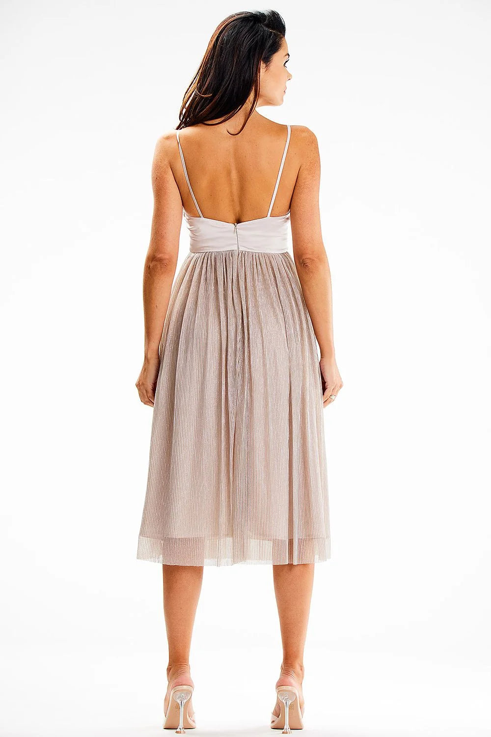 robe soirée midi bicolore satiné corsage blanc bretelles fines décolleté V profond taille cintrée jupe plissée tulle champagne