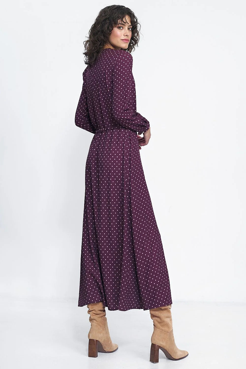 Robe longue à pois blancs prune, taille ajustable, manches longues, encolure V, polyester 97% spandex 3%, office soirées