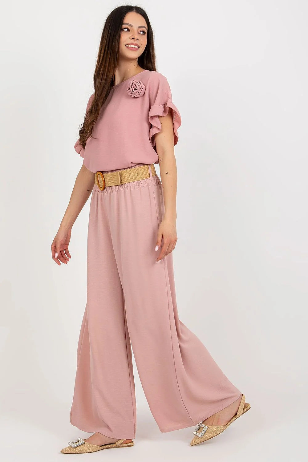 Pantalon femme large Italy Moda en coton élasthanne rose poudré taille haute ceinture bois occasion estivale