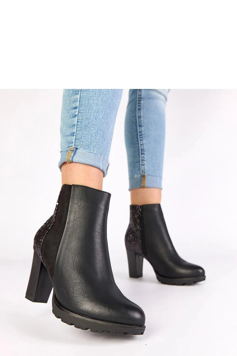bottines noires femme montantes talon 8cm carré stable similicuir pointe amande dos brocart ambre suède pailleté semelle crantée antidérapante confort