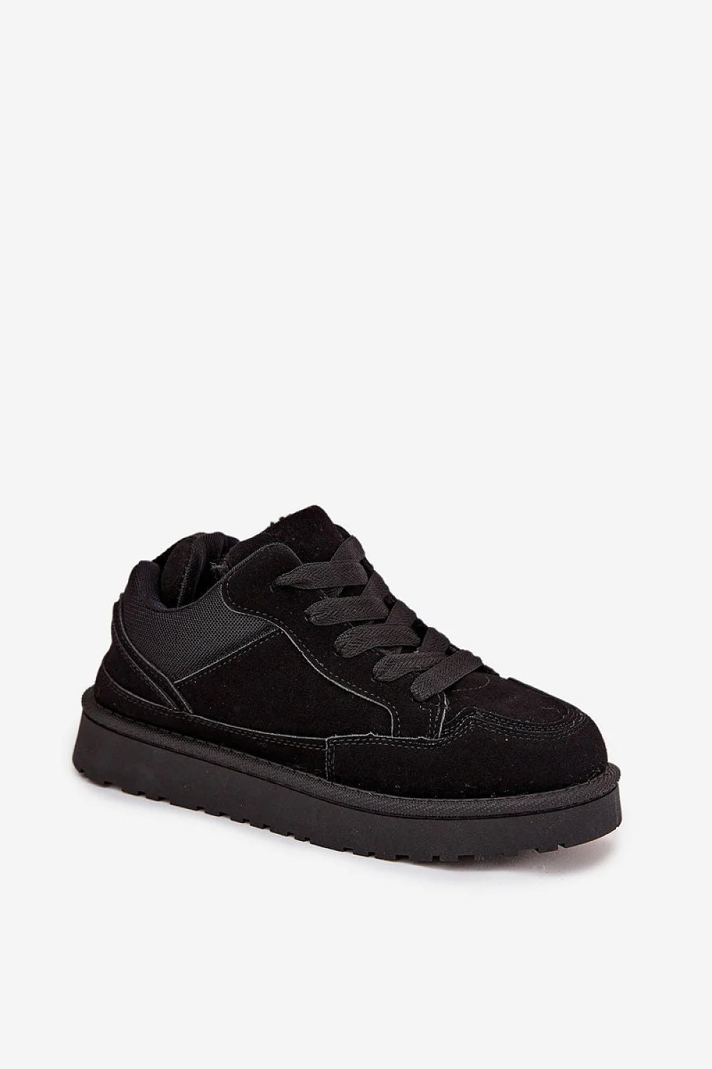 sneakers femme suédine écologique noir chunky plateforme semelle crantée caoutchouc lacets plats col rembourré intérieur fourré confortable chaud