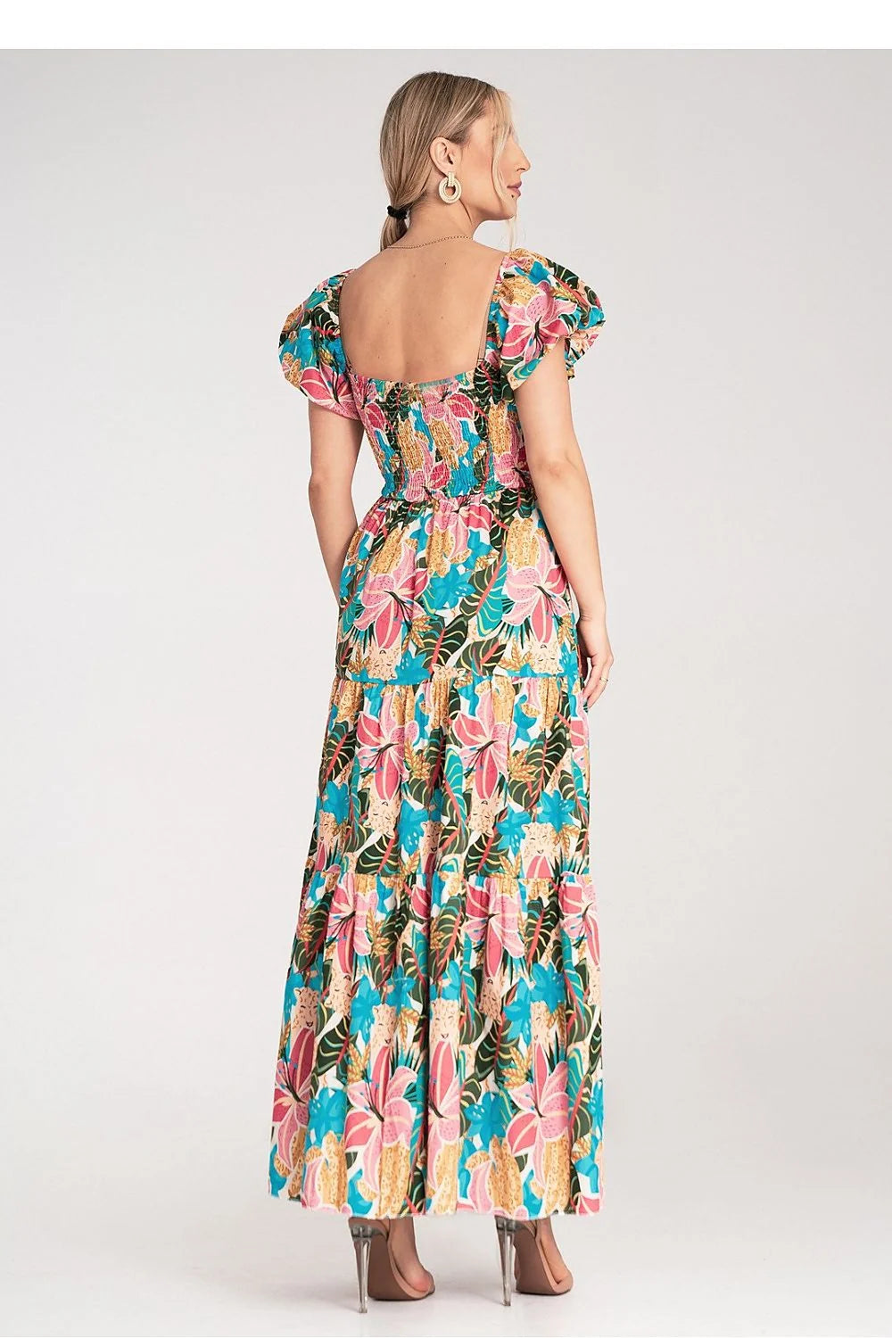 robe longue maxi femme bohème chic encolure carrée manches bouffantes manches ballon courtes tissu léger fluide imprimé tropical floral multicolore