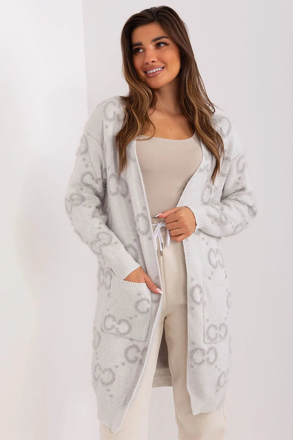 Cardigan pour femme longueur genoux style décontracté motif circulaire gris clair matériau doux sans fermeture manches longues poches pratiques coupe ample