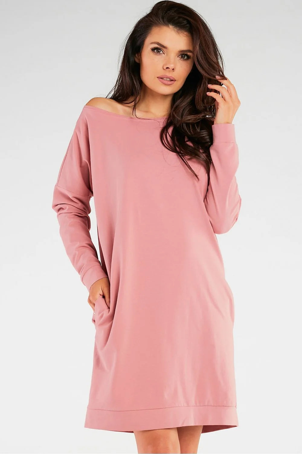 Robe de jour Infinite You rose pâle large manches longues encolure bateau poches latérales coton 92% lycra 8% femme