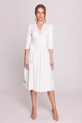 Robe de jour élégante en modal blanche encolure V manches 3/4 ceinture ajustable longueur midi femmes