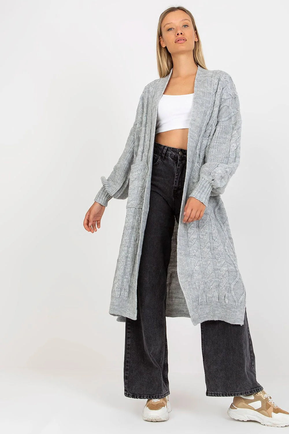 Cardigan Rue Paris pour femme long manches longues col V ouvert poches rabattables marron chocolat maille épaisse acrylique 100 % hiver automne