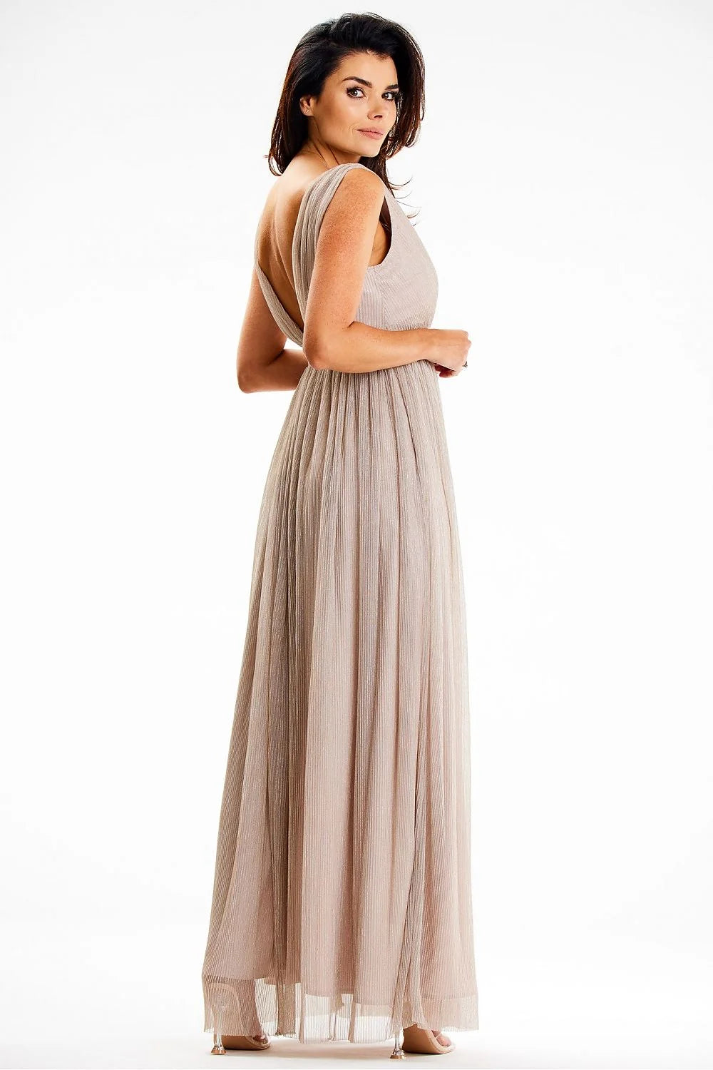 Robe longue élégante pour femme en maille brillante, décolleté dos nu, fente latérale, couleur nude, coupe empire, taille ajustable