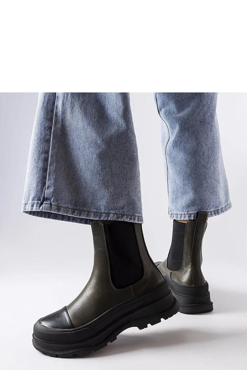Bottes Chelsea pour femmes kaki foncé élastiques latéraux cuir écologique style urbain confortable plateau épais
