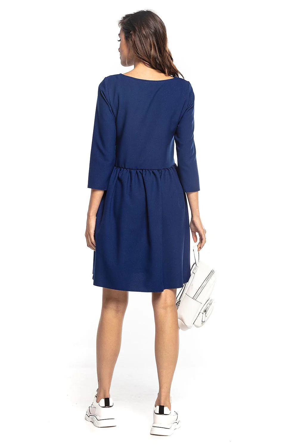 Robe évasée en coton bleu canard moderne confortable manches trois-quarts chic pour femme élégante
