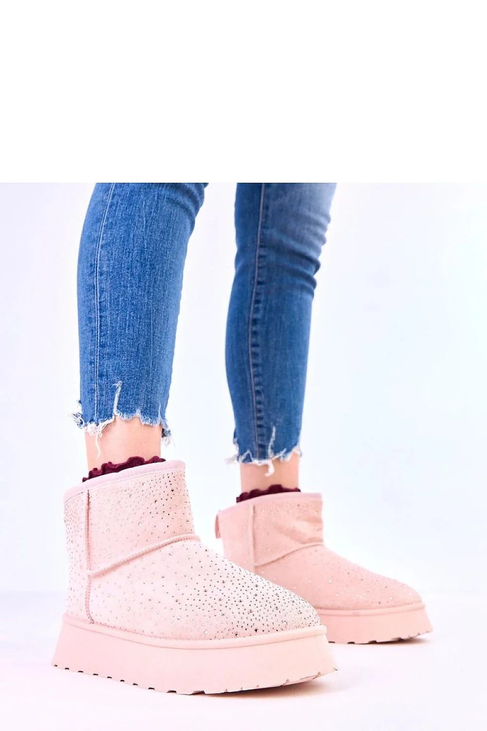 bottines neige femme cheville faciles doublées fourrure suédine synthétique rose poudré strass scintillants semelle plateforme épaisse crantée antidérapante chaude confortable