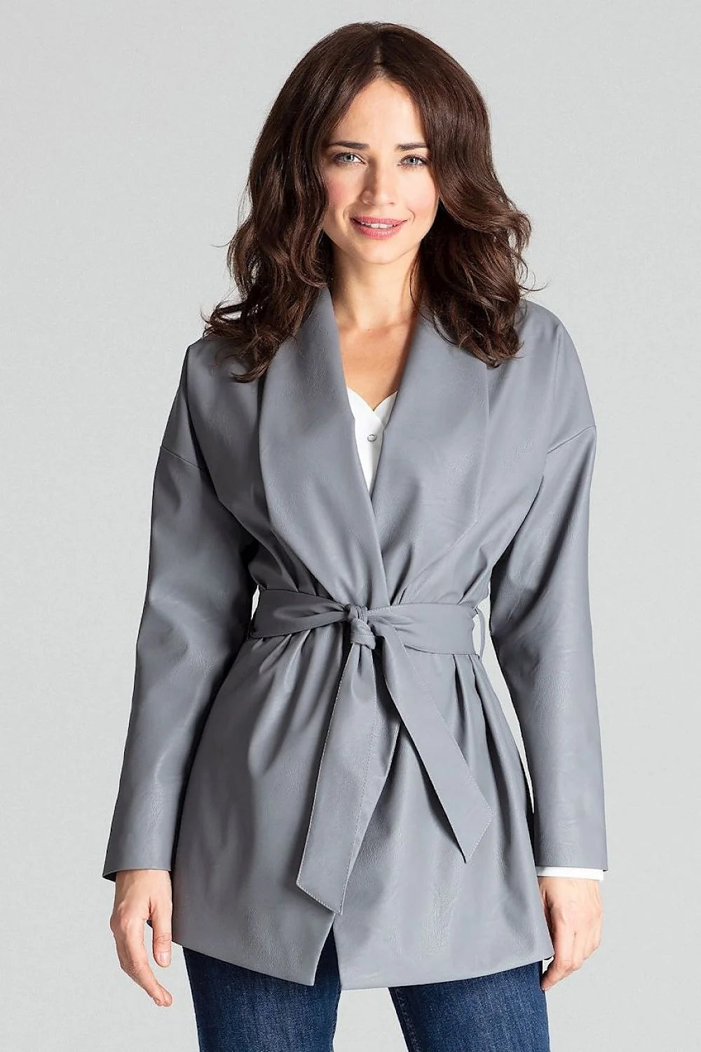 Blazer femme en cuir écologique moderne élégant ceinture amovible manches longues ajustable gris polyvalent