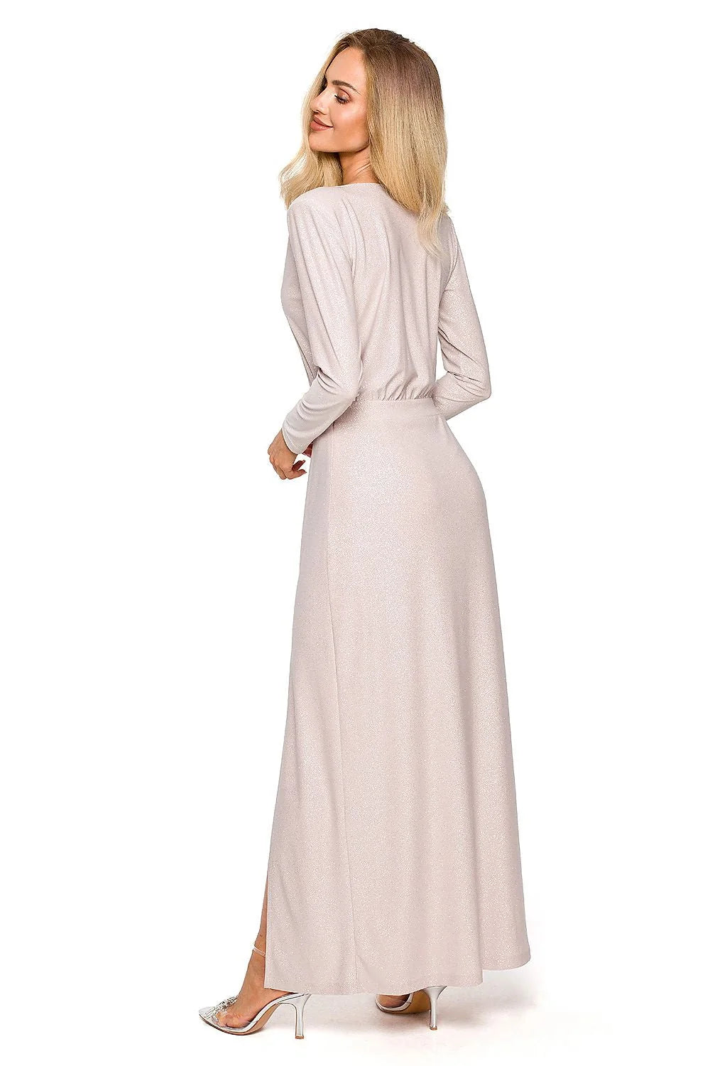 Robe de soirée élégante longue manches longues en brocart vert émeraude fente audacieuse pour femme