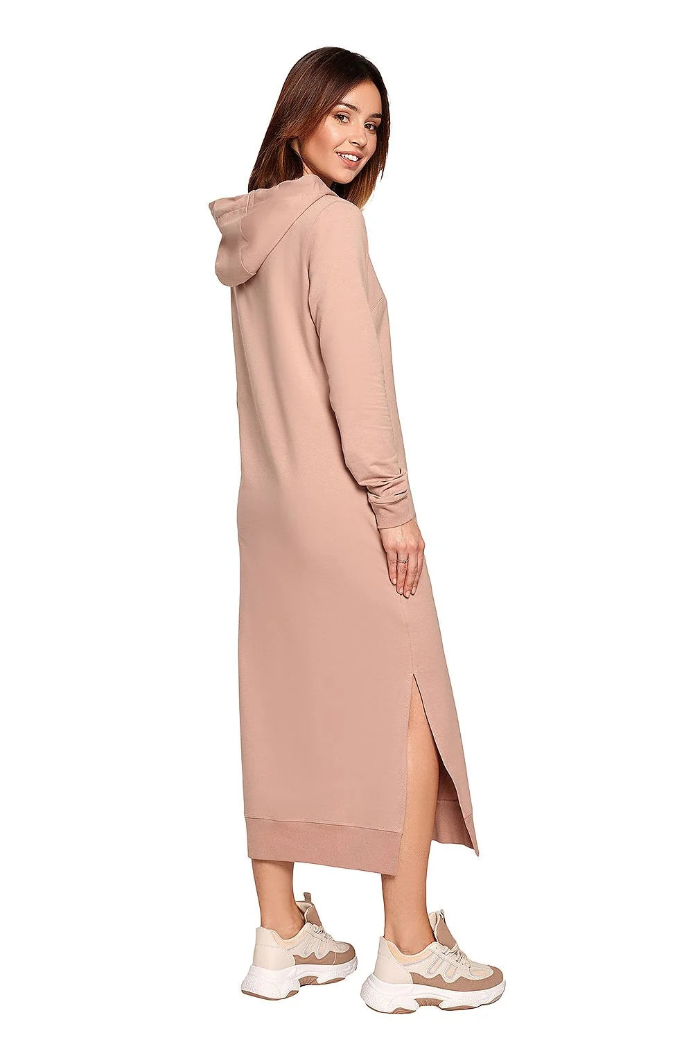 Robe sweat coton décontractée beige confortable capuche poches longues moderne femme activités quotidiennes