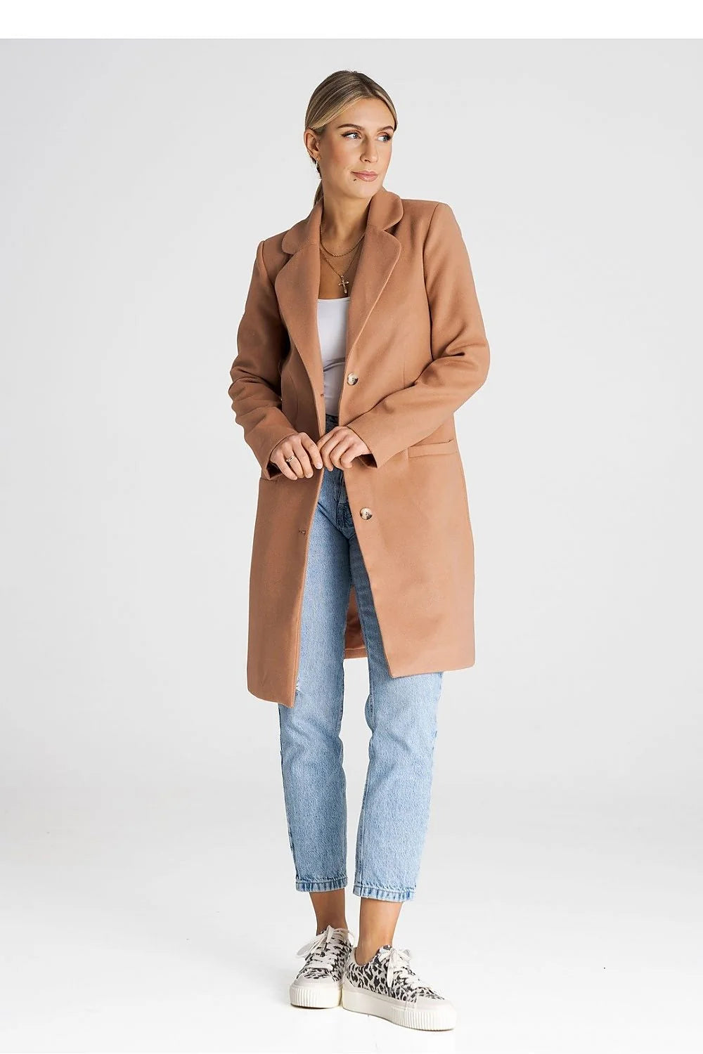 Manteau pour femme élégant longueur genou col matelassé boutons poches passepoilées laine acrylique polyester veste hiver