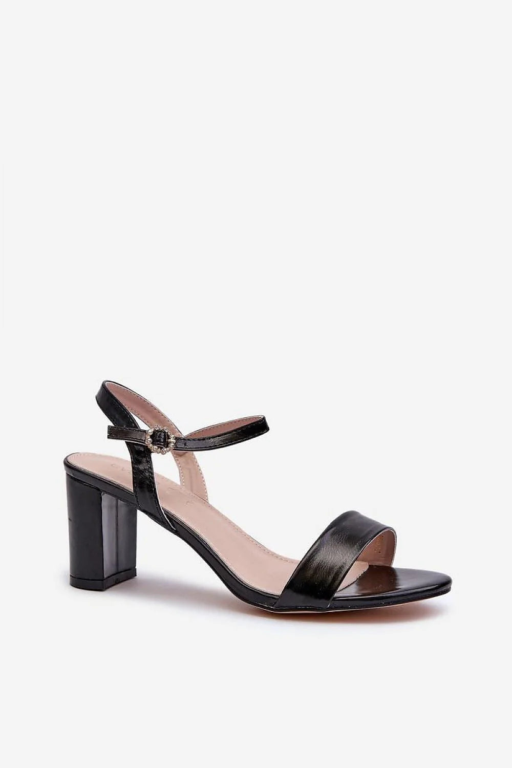 sandales talon bloc noir verni cuir réglable bride large orteils bride fine cheville boucle strass confortable semelle intérieure chic élégantes