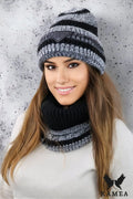 bonnet casquette hiver femmes rayures chinées sequins noir maille épaisse côtelée revers large slouchy écusson KAMEA snood tubulaire
