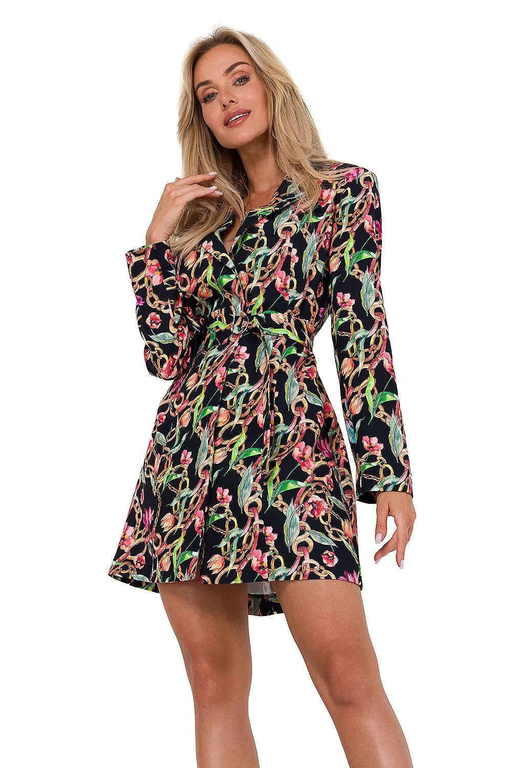 Robe femme mini imprimé floral chaîne A-line manches longues col habillé taille ajustable Polyester 95% Élasthanne 5%