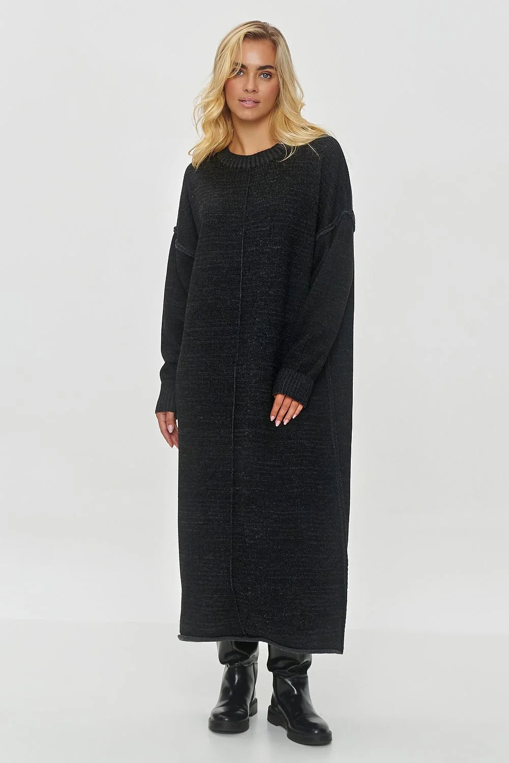 Robe longue ample Makadamia en tricot noir manches longues encolure ronde pour femme automne hiver