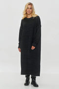 Robe longue ample Makadamia en tricot noir manches longues encolure ronde pour femme automne hiver