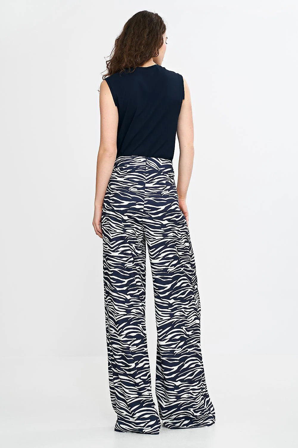 Pantalon long femme élégant coupe régulière taille haute plis décoratifs jambes larges fermeture éclair polyester spandex