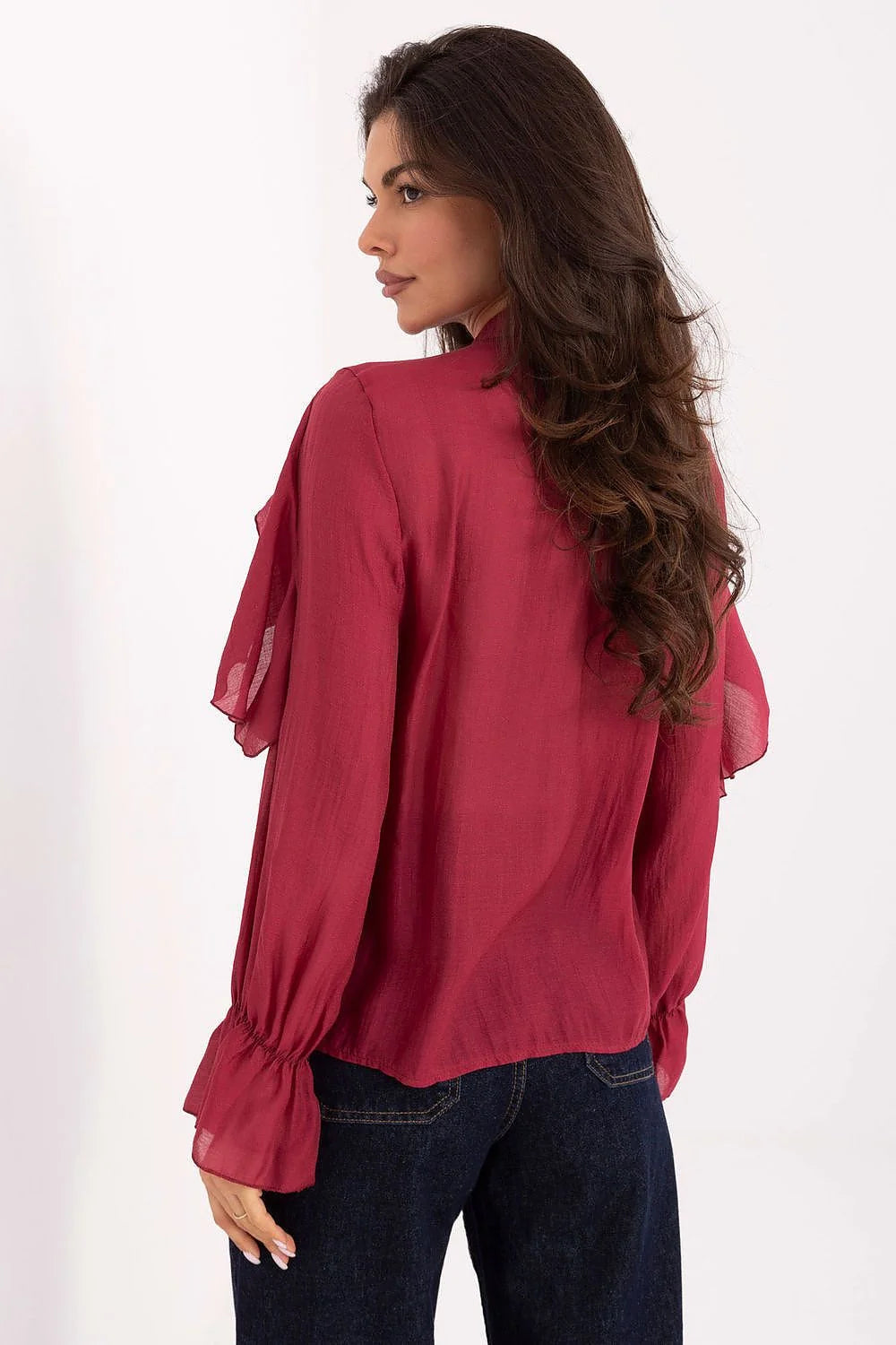chemise femme manches longues volantée bordeaux col V jabot cascade boutons lyocell polyester fluide légère élégante durable