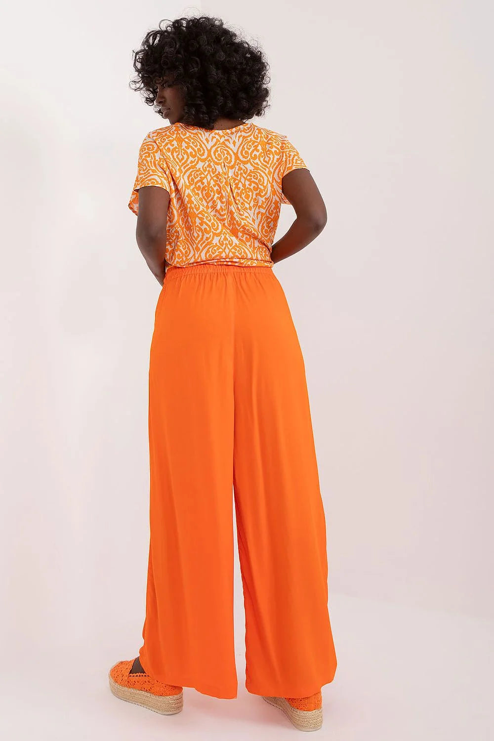 pantalon palazzo taille haute viscose fluide léger orange vif ample taille élastiquée cordon pompons bohème estival femme