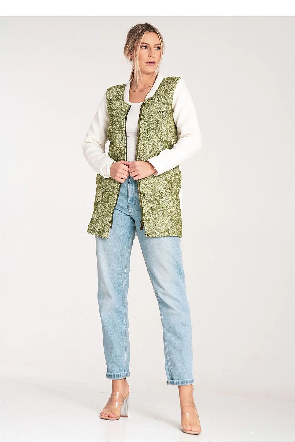 veste longue zippée femme mi saison empiècements jacquard floral vert olive manches contrastantes blanches col rond coupe droite poches latérales