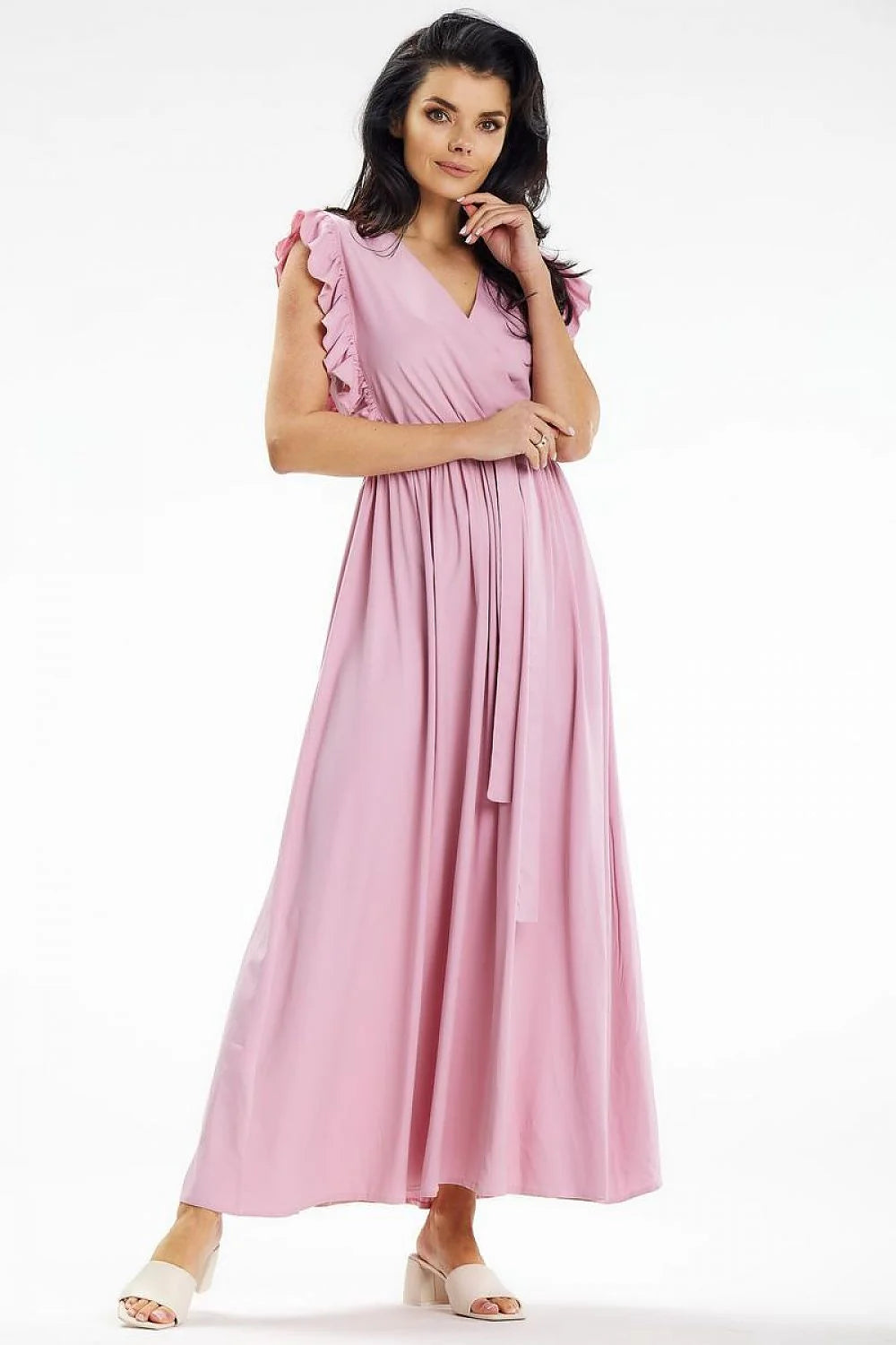 robe maxi longue rose poudré élégante cachecoeur encolure manches volantées ceinture nouée taille cintrée jupe plissée fluide viscose elasthanne