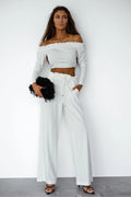 ensemble féminin blanc crop top bardot volants pantalon palazzo taille haute fluide stretch smockée cordon réglable poches latérales