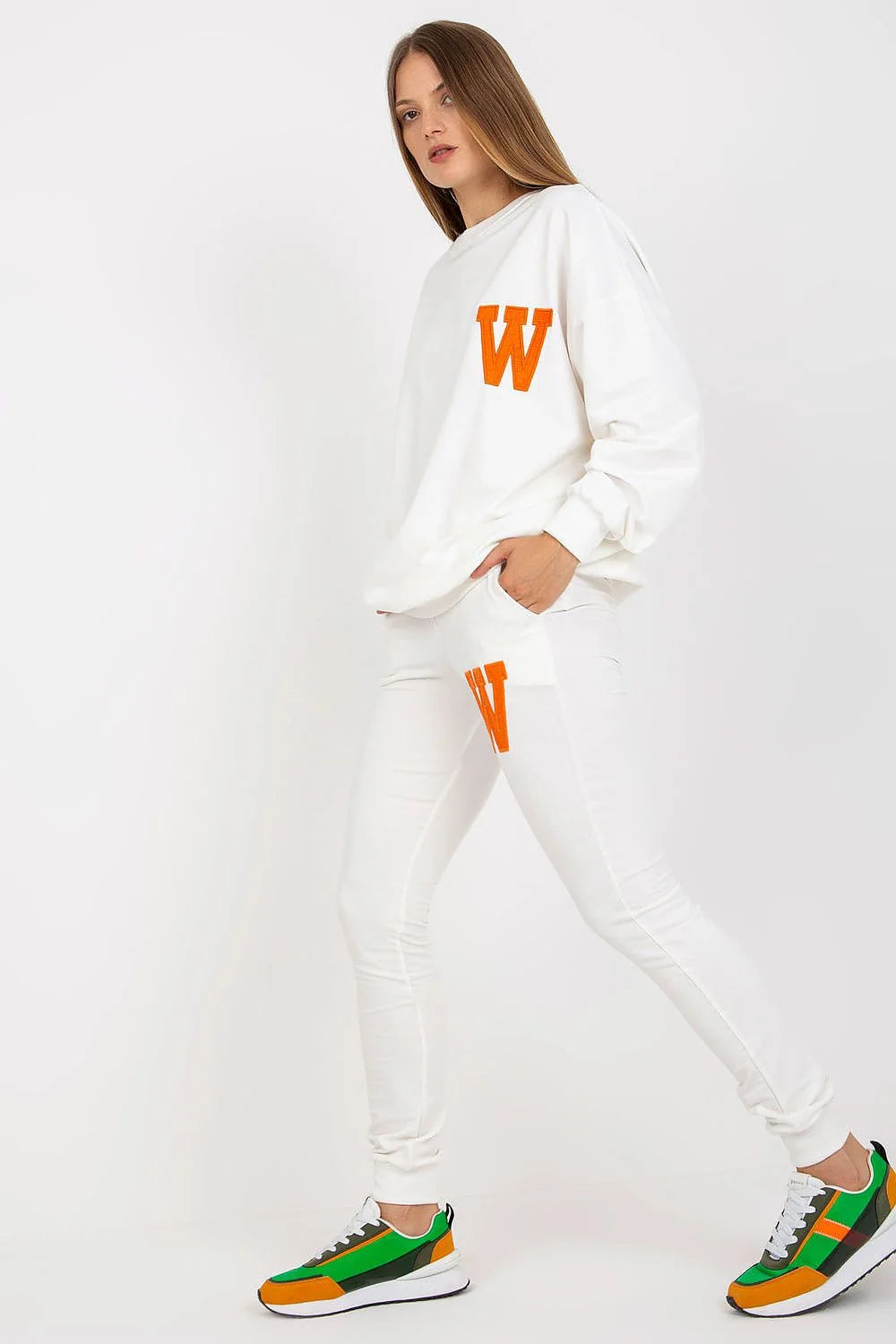 ensemble sportswear femme jaune canari oversize sweat manches longues legging slim taille élastique coton élasthanne molleton poches appliqué W orange