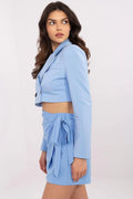 ensemble femme Italy Moda blazer cropped court manches longues bouton noir jupe mini taille haute ceinture nouée léger