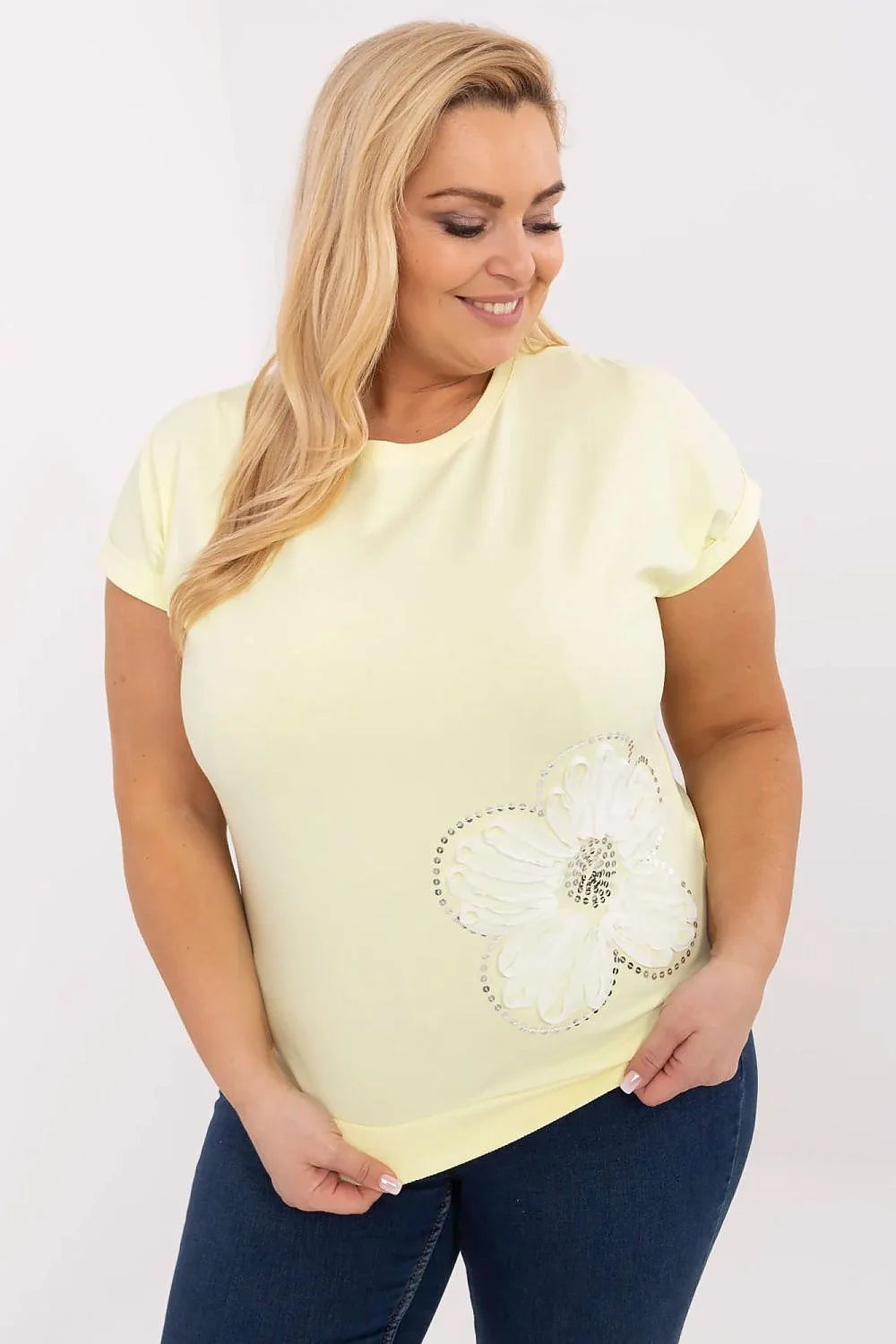 T-shirt femme élégant moderne tunique fleur brodée paillettes coton élasthanne manches courtes couleur jaune pâle