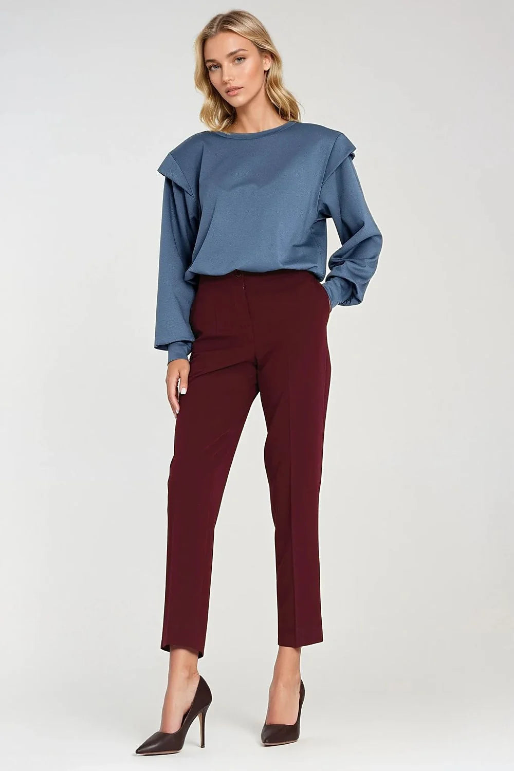 sweatshirt oversize femme bleu acier col rond manches longues épaules structurées coussinets manches bouffantes poignets larges bande serrée crêpe polyester